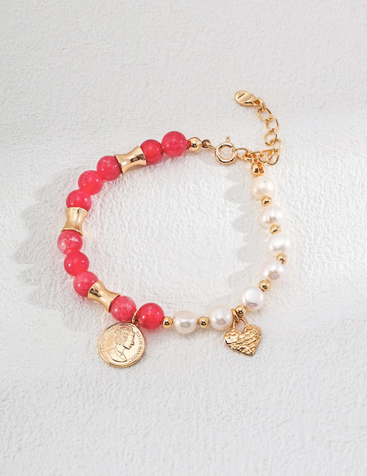 Natural Pearl and Red Agate Bead Bracelet